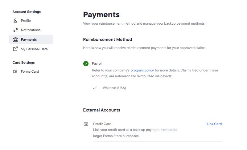 Screenshot: Account Settings > Payments > Link Card